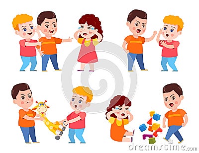 Bully child. Cartoon bad kid fight and mock crying girl. Verbal and physical bullying. Problem behavior children in kindergarten Vector Illustration