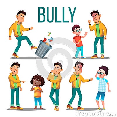 Bully Child Vector. Angry Bully Kid. Teenager Victim. Sad Boy, Girl Child. Illustration Vector Illustration