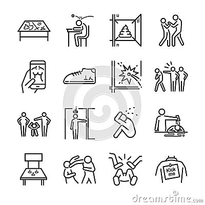 Bully line icon set. Included the icons as prank, browbeat, blaming, tease, bad and more. Vector Illustration