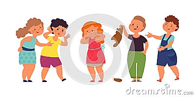 Bullying children. Agressive teenage, teens mockery girl. Flat depressed kid, school bully friends abuse little child Vector Illustration