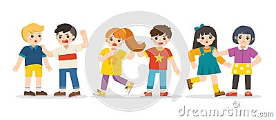 Bullying children. A boy pulling girl`s hair. Girl pushing another girl. Angry boy rampage hitting him friend. Vector Illustration