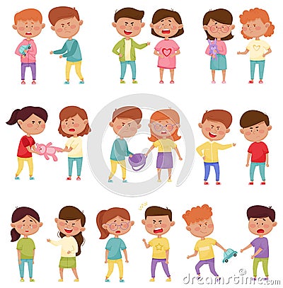 Bullying Children Characters Abusing and Treating Badly Another Kids Vector Illustrations Set Vector Illustration