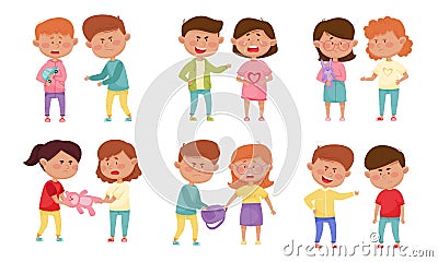 Bullying Children Characters Abusing and Treating Badly Another Kids Vector Illustrations Set Vector Illustration