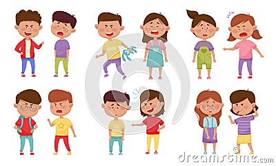 Bullying Children Characters Abusing and Treating Badly Another Kids Vector Illustrations Set Vector Illustration