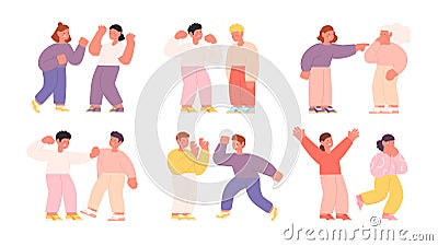 Bullying children. Scared and crying, school kids conflict. Aggressive postures, brother and sister violence. Isolated Vector Illustration
