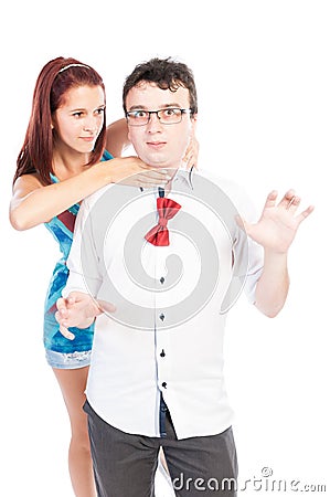 Bullying girl strangling her boyfriend Stock Photo