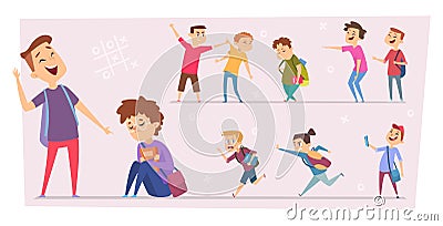 Bullying kids. Teasing stressed children conflict pupils in school little scare characters problem peoples vector set Vector Illustration