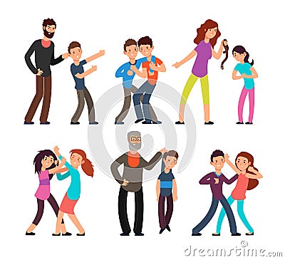 Bullying people. Students, kids fighting with angry parents and each other. Vector characters set Vector Illustration