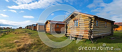 Bulnes Fort in Punta Arenas Chile features reconstructions of historic log cabins. Concept History, Stock Photo