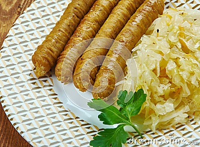 Bulviniai vedarai - Lithuanian sausage, various types of sausage or stuffed intestine with a filling made from a combination of Stock Photo