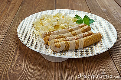 Bulviniai vedarai - Lithuanian sausage, various types of sausage or stuffed intestine with a filling made from a combination of Stock Photo