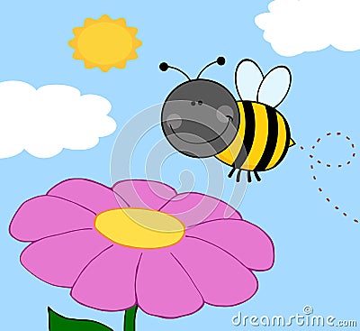 Bumble Bee Flying Over Flower Vector Illustration