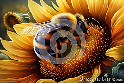 A bumblebee collecting nectar from a sunflower. Generative ai Stock Photo