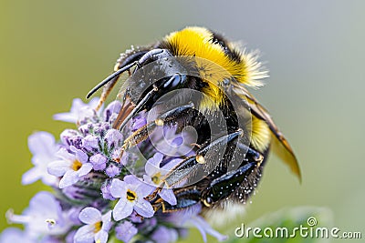 Bumblebee collecting pollen from violet flowers Stock Photo