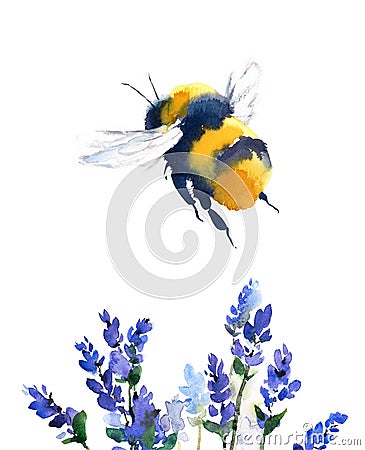 Bumblebee Flying Over Blue Flowers Watercolor Illustration Hand Drawn Cartoon Illustration