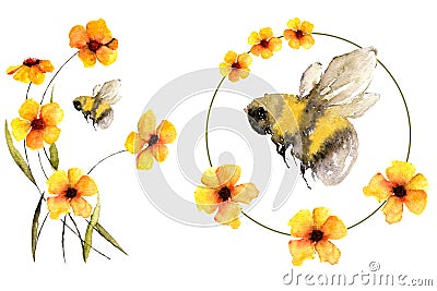 Bumblebee or honeybee upon flowers in summer, nice watercolor artwork isolated on white can be printed as textile pattern Stock Photo