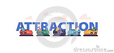 Bumper Car Attraction Concept Children Having Fun in Amusement Park Riding Dodgem Carts. Kids Recreation Activity Vector Illustration