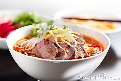 Bun Bo Hue, AI generative Vietnamese spicy beef noodle soup made with vermicelli noodles, beef shank, and lemongrass Stock Photo