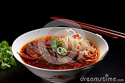 Bun Bo Hue, generative AI Vietnamese spicy beef noodle soup made with vermicelli noodles, beef shank, and lemongrass Stock Photo