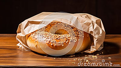 Nyc Style Bagel On Wooden Table: Synthetism Inspired Explosion Coverage Stock Photo