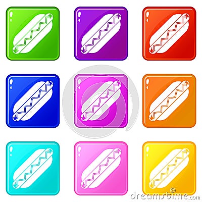 Bun and sausage icons 9 set Vector Illustration