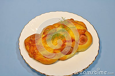 Bun with sausage on a plate on a gray background. Stock Photo