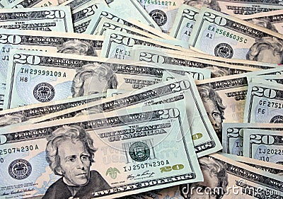Bunch of 20 dollar bills Stock Photo