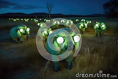Bunch of alien creature Sheep are in a field with a green light, AI Generated Stock Photo