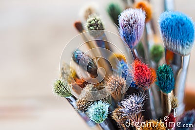 Bunch of artist paintbrushes closeup. Stock Photo