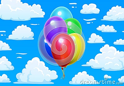 Bunch balloons in clouds. Cartoon blue cloudy sky and colorful 3d glossy balloons vector illustration Vector Illustration