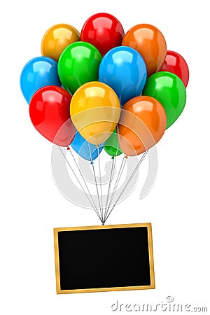 Bunch of Balloons Holding Up a Blank Chalkboard Stock Photo