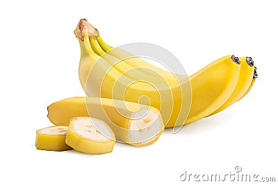 Bunch of banana fruits and cut bananas isolated Stock Photo