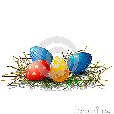 A bunch of beautiful Easter eggs in the hay on a white background. The element for a greeting card or banner for Easter Stock Photo