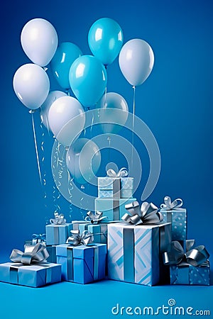 Bunch of blue and white balloons and presents on blue background with blue wall Stock Photo