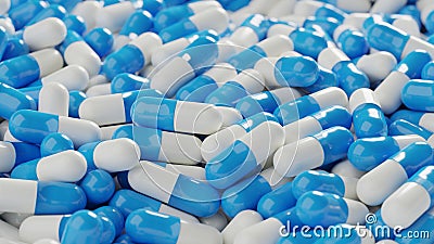 Bunch of blue white capsule pills on a white background - Medicine healthcare medicaments Stock Photo