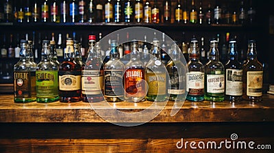 A bunch of bottles of alcohol sitting on top of a wooden counter. Generative AI image. Stock Photo