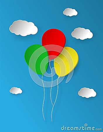 Bunch of bright paper balloons on blue background. Vector Illustration