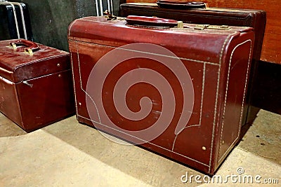 A bunch of brown suitcases. Antique luggage Stock Photo