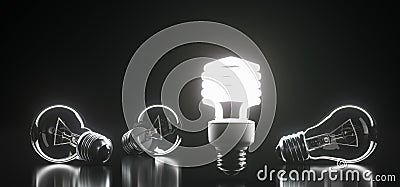 Bunch Classic Glass Light Bulbs With One Of Them Lighted Stock Photo