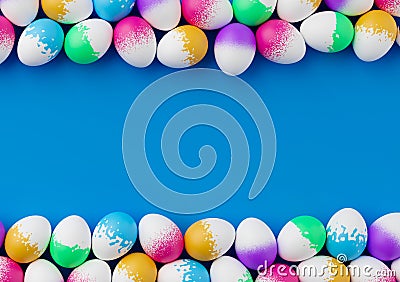 Bunch of colorful eggs on a blue Easter background 3D Rendering. Pile of birght and colorful Easter Eggs - 3d render. Easter Stock Photo