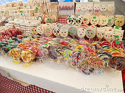 Bunch of colorful sweets on street food festival Editorial Stock Photo