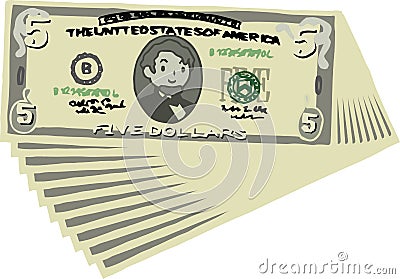 Bunch of Cute hand-painted 5 US dollar banknote Vector Illustration