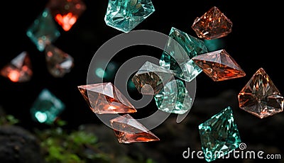 A bunch of different colored diamonds flying in the air. Generative AI image. Stock Photo