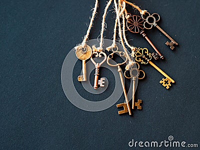 A bunch of different old keys from different locks. Finding the right key, encryption, concept. Stock Photo