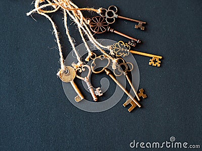 A bunch of different old keys from different locks. Finding the right key, encryption, concept. Stock Photo