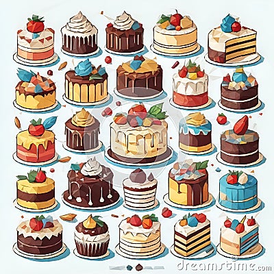 A bunch of different types of cakes on plates, amazing food illustration. Cartoon Illustration