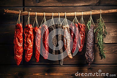 A bunch of different types of sausage hanging on a line. Dried and smoked sausage of various varieties. Wide range of meat Stock Photo