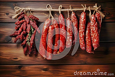 A bunch of different types of sausage hanging on a line. Dried and smoked sausage of various varieties. Wide range of meat Stock Photo