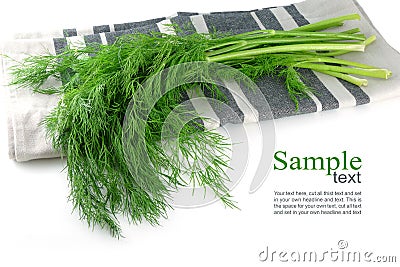 Bunch of dill on a kitchen towel, isolated, corner background, Stock Photo