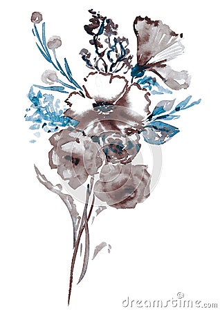 Bunch of dry roses flowers and wild mallow, blue leaves and berries Cartoon Illustration